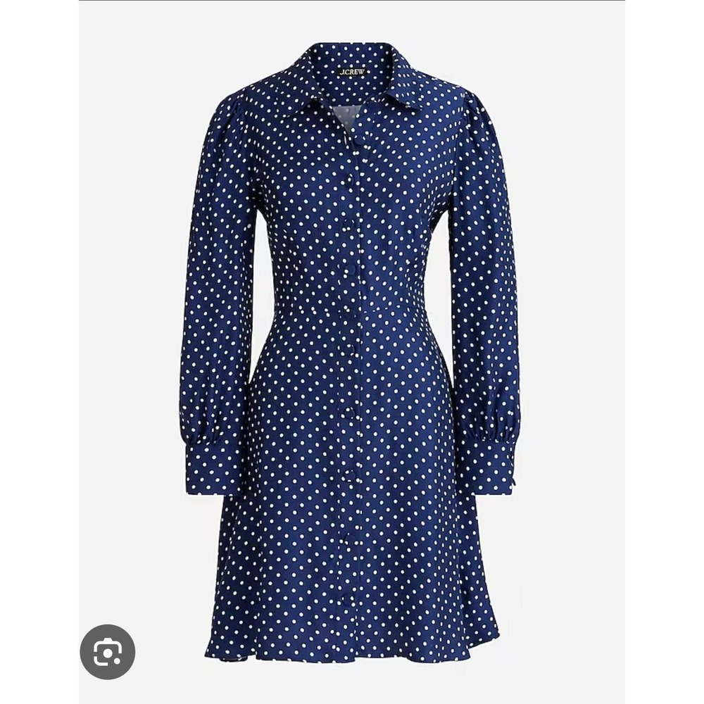 J.Crew Shirt Dress Women 12 Navy Blue Polka Dot Button Down Long Sleeve